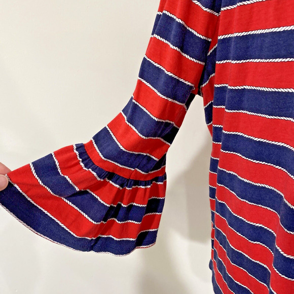 Michael Kors Popover Top Size L Red & Navy Blue Stripes Casual 3/4-Sleeve Chic - Picture 2 of 9